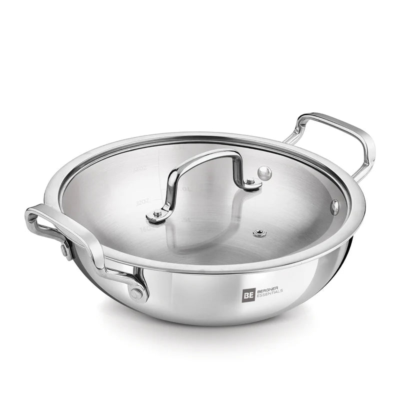 Bergner Essential Triply Stainless Steel Kadai with Glass Lid | Easy to Clean | Everyday Kitchen Use |