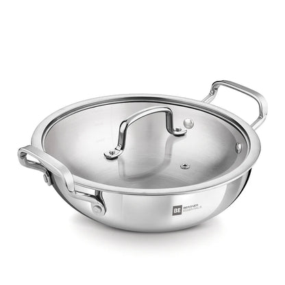 Bergner Essential Triply Stainless Steel Kadai with Glass Lid | Easy to Clean | Everyday Kitchen Use |