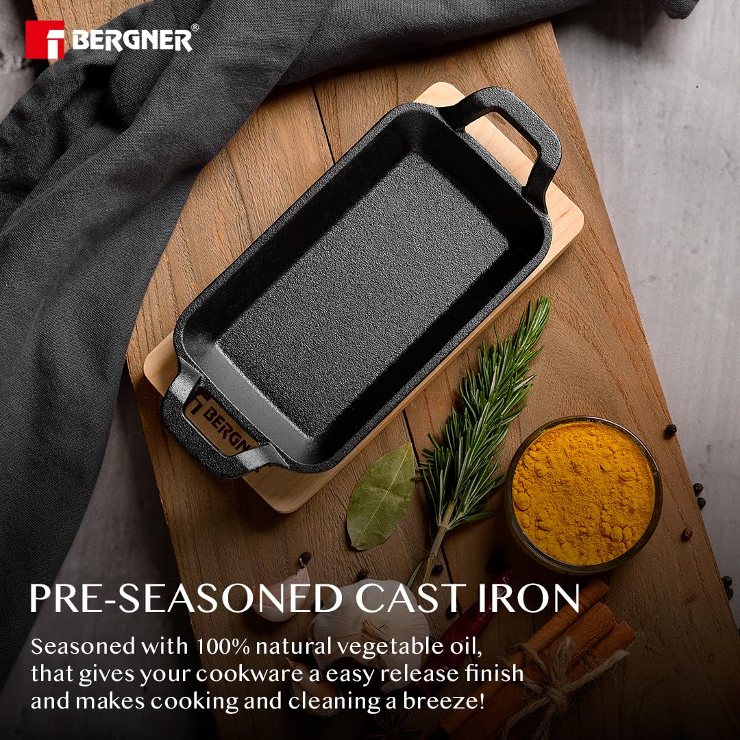 Bergner Mini Cast Iron Baking Pan | Black | 17L x 10W x 2.3H Centimeters |