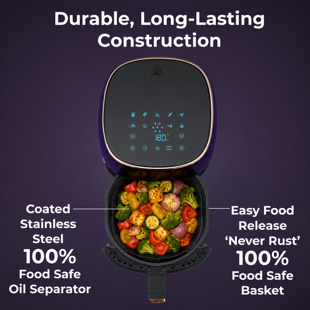 Pigeon Healthifry + Digital Airfryer with 2 Silicone Baskets | 4.2 L | 360° High Speed Air Circulation Technology | Purple |