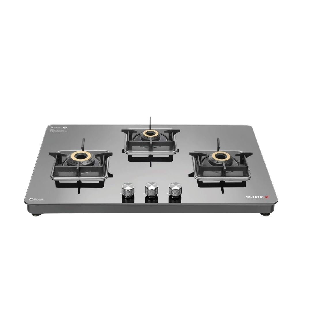 Sujata Premium Gas Stove | Glass Top | 9 Years Warranty | Jumbo Brass Burners | 360° Rotating Brass Nozzle |