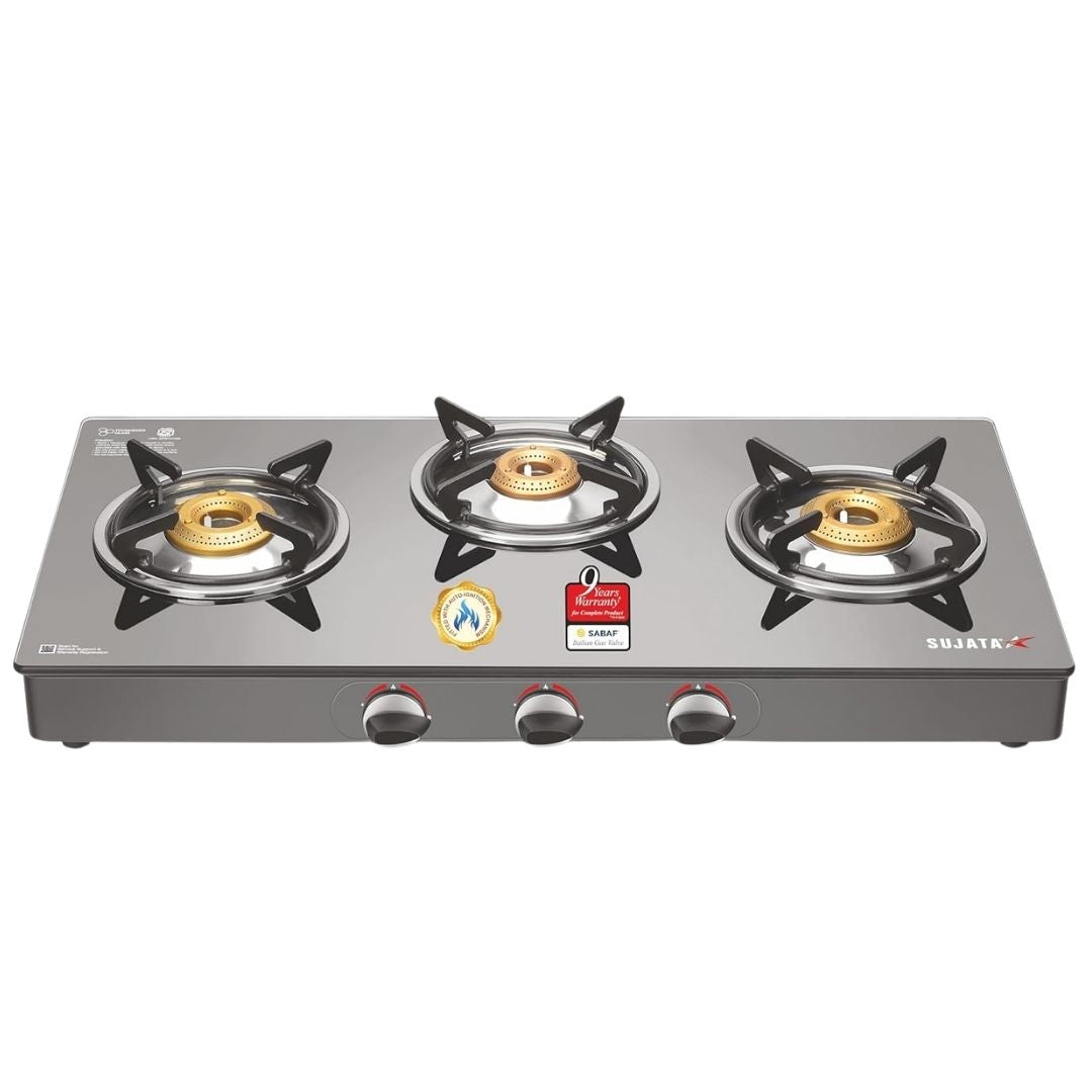 Sujata Standard Auto Ignition Gas Stove | 9 Years Warranty | ISI Certified | Toughened Glass Top