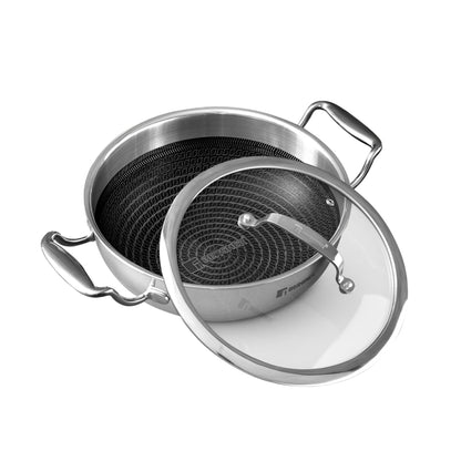Bergner Hi-Tech TriPly Stainless Steel Wok with Glass Lid | Honeycomb Non-Stick Coating | Chinese Kadai |