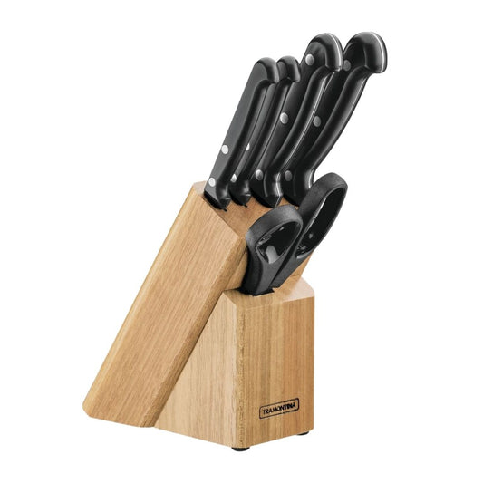 Tramontina Knife Block Set | Stainless Steel Kitchen Knives with Wooden Block | Black Handle | 5-Year Warranty |