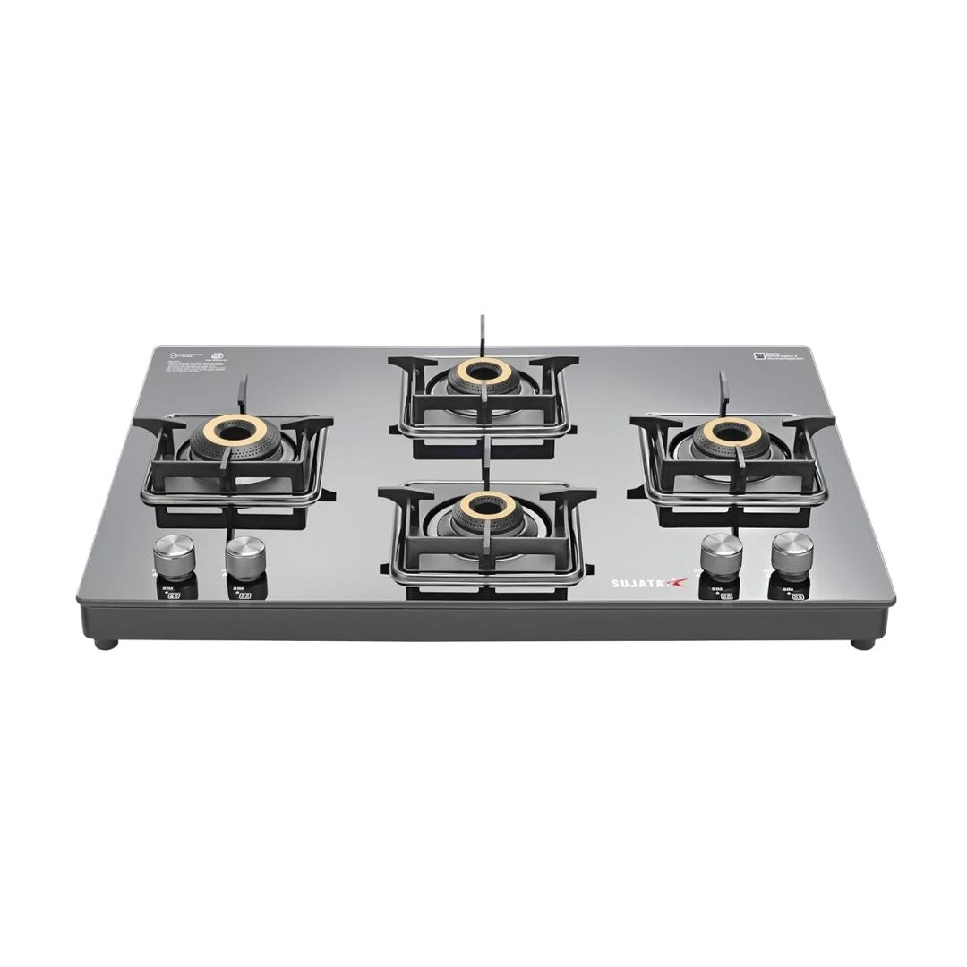 Sujata Maestro Premium Cross Gas Stove | 4 Burners | 9 Year Warranty |  360° Rotating Brass Nozzle | Black |