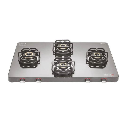 Sujata Premium Stellar Cross 4 Burner Gas Stove | Glass Tops | Heavy Duty Brass Burners for Modern Kitchen |