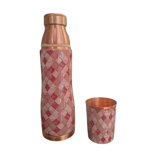 Pipal Dew Copper Water Bottle with Matching Glass | 900ml | Pink Crystal |