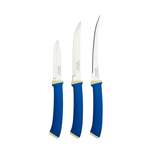 Tramontina Felice 3-Piece Knife Set | Stainless Steel Kitchen Knives with Ergonomic Blue Handles | Dishwasher Safe |