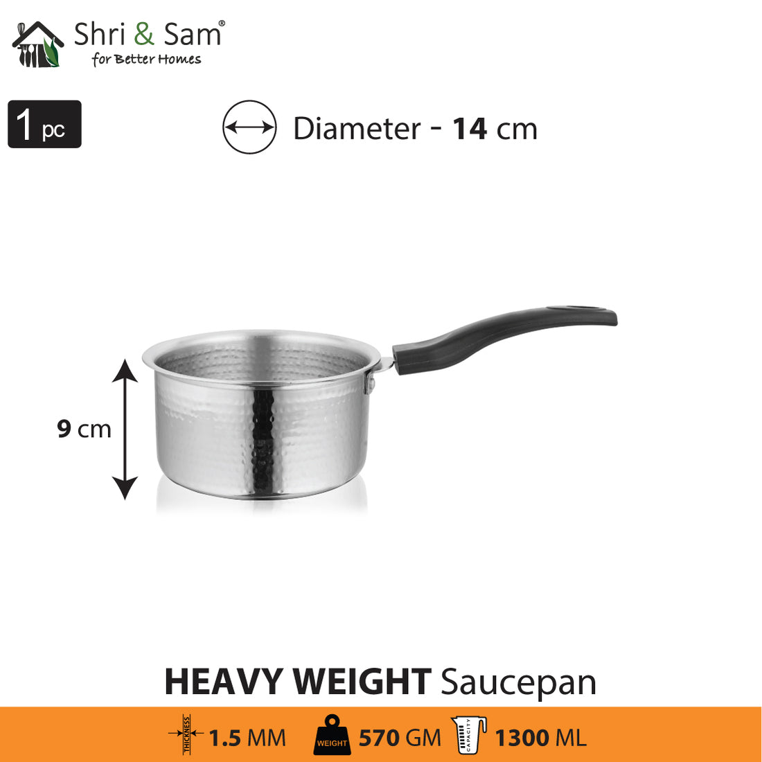 Shri & Sam Stainless Steel Heavy Weight Hammered Sauce Pan