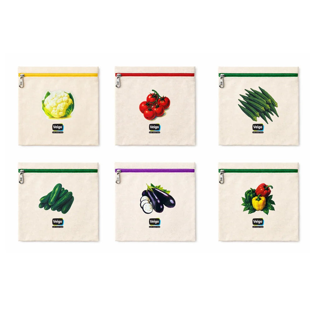 Veigo Cotton Storage Bags for Vegetables & Fruits | Set of 6 |  Eco-friendly | Reusable |