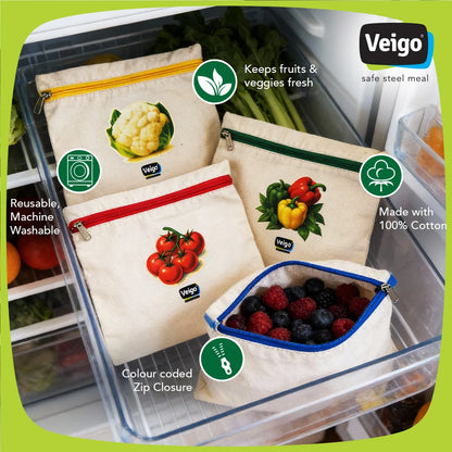 Veigo Cotton Storage Bags for Vegetables & Fruits | Set of 6 |  Eco-friendly | Reusable |