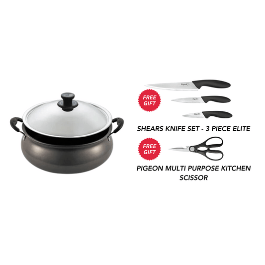 Pigeon Aluminium Non-Stick Gravy Pot + 3 piece Elite Knife Set & Multi Purpose Kitchen Scissor Worth Rs. 990 FREE