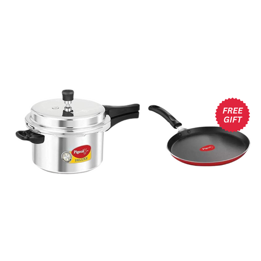 Pigeon Deluxe Aluminium Outer Lid Pressure Cooker, Silver + Favo Flat Tawa Worth Rs. 995 FREE