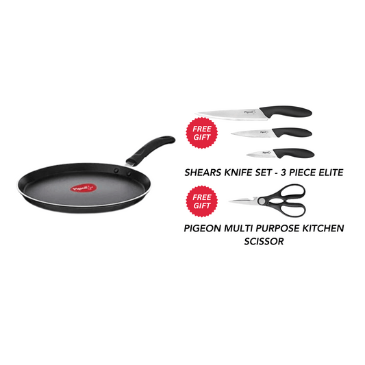 Pigeon Non-Stick Flat Tawa + 3 piece Elite Knife Set & Multi Purpose Kitchen Scissor Worth Rs. 990 FREE
