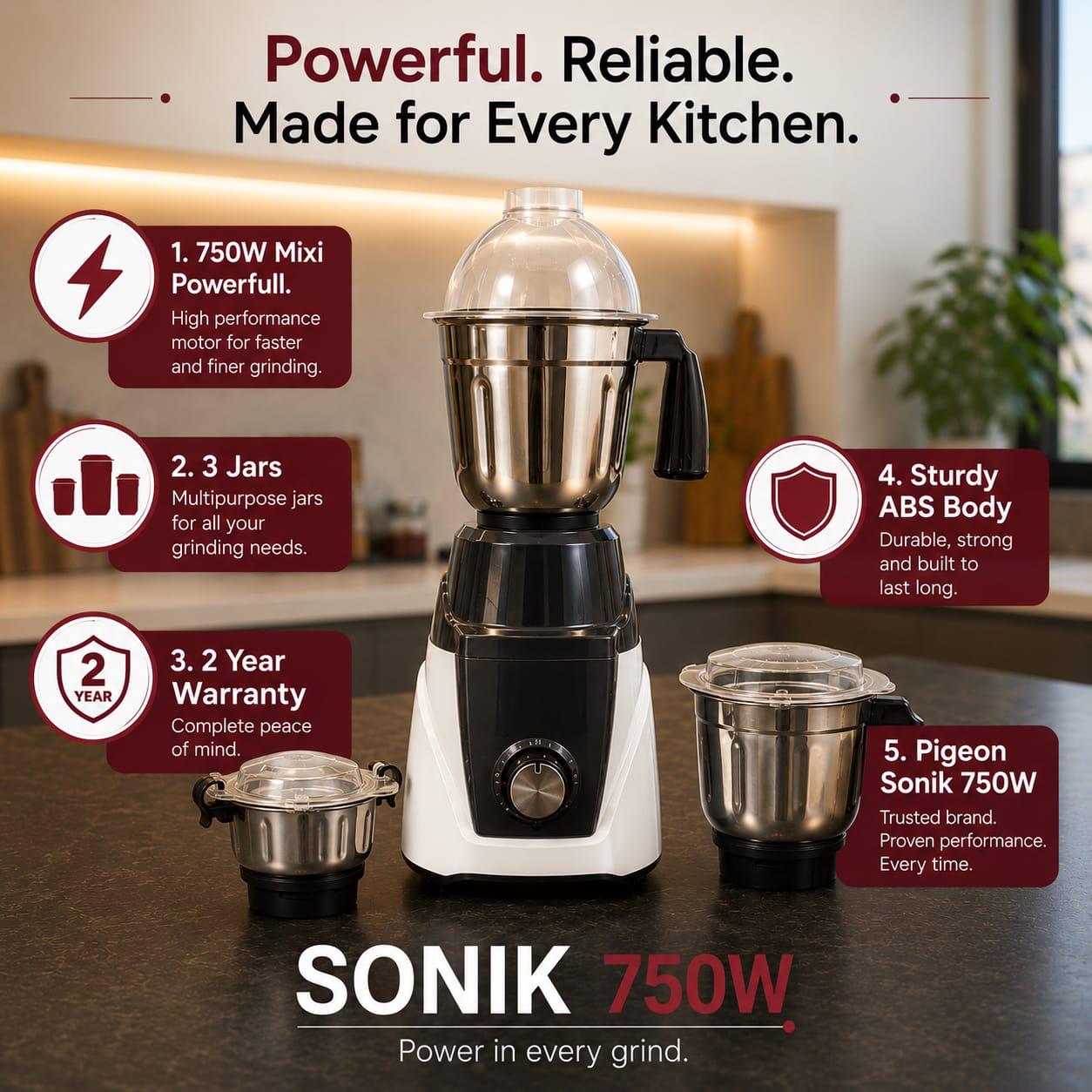 Pigeon Sonik Mixer Grinder | 750 Watts | White | 3 Jars | 2 Years Warranty |