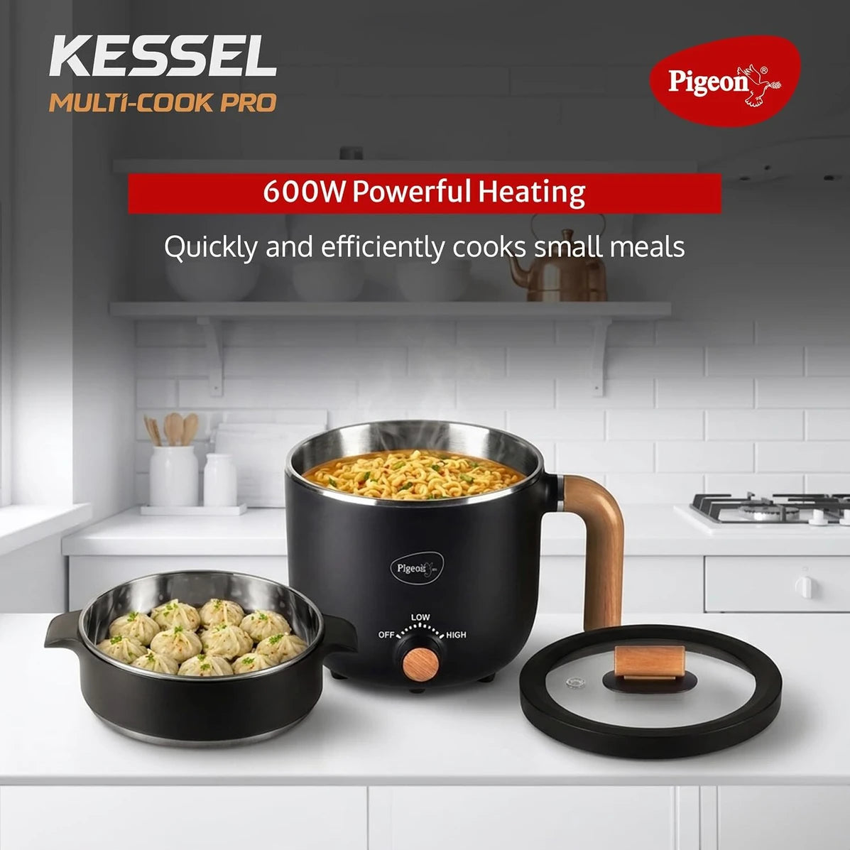 Pigeon Kessel Multi Purpose Kettle With Steamer |  1.2 L | Black | Adjustable Power Modes | Electric Kettle |