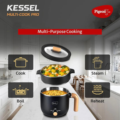 Pigeon Kessel Multi Purpose Kettle With Steamer |  1.2 L | Black | Adjustable Power Modes | Electric Kettle |