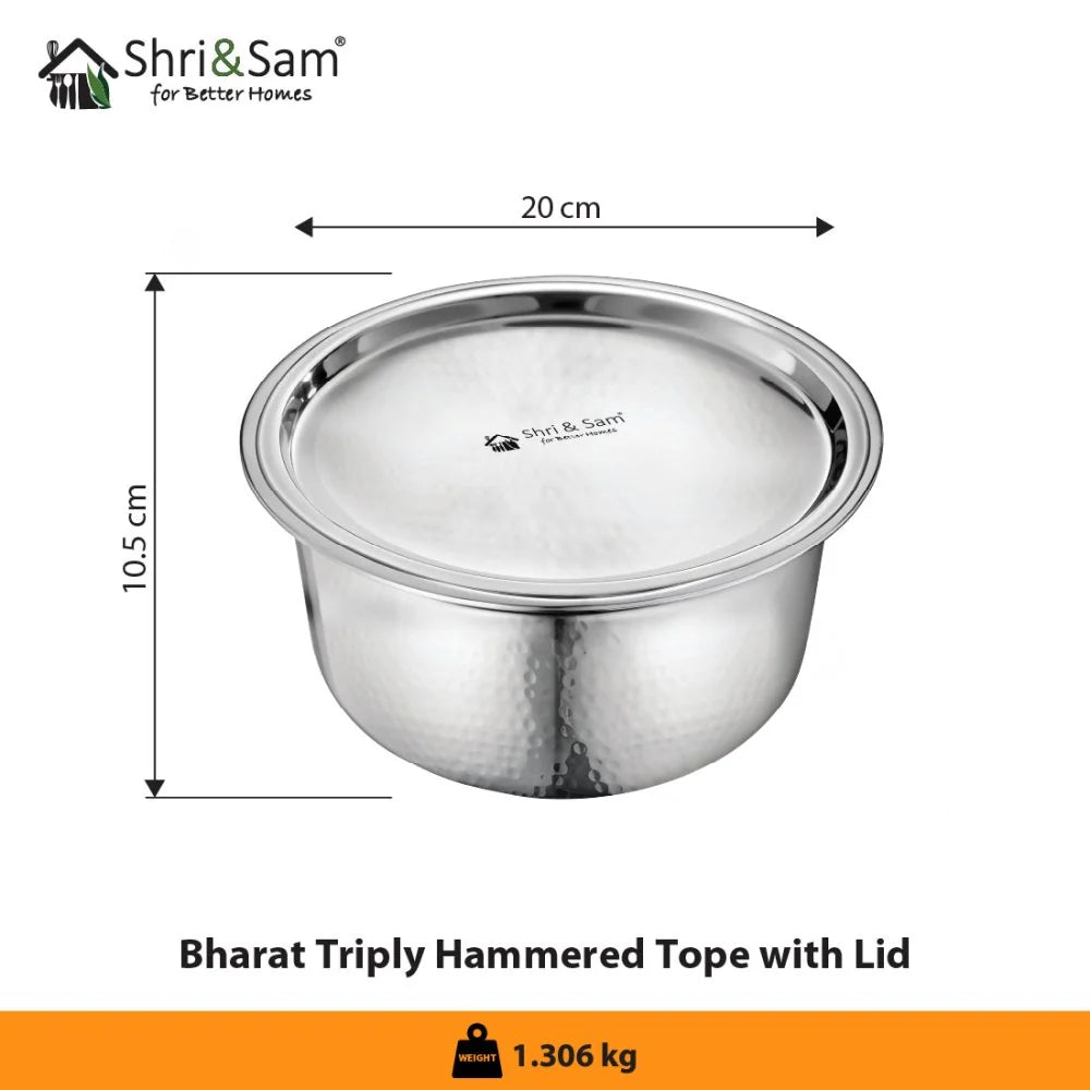 Shri and sam Stainless Steel Hammered Triply Tope with Lid | Microwave friendly | ompatibility with induction cooktops.