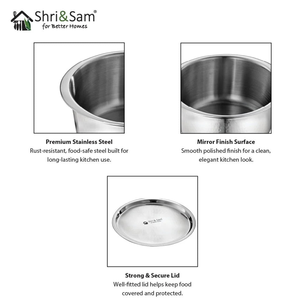 Shri and sam Stainless Steel Hammered Triply Tope with Lid | Microwave friendly | ompatibility with induction cooktops.