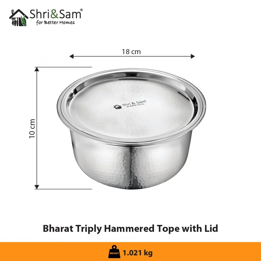Shri and sam Stainless Steel Hammered Triply Tope with Lid | Microwave friendly | ompatibility with induction cooktops.