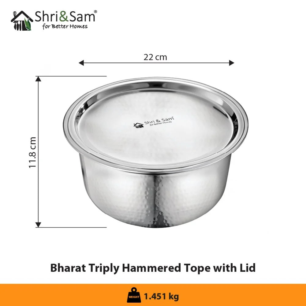 Shri and sam Stainless Steel Hammered Triply Tope with Lid | Microwave friendly | ompatibility with induction cooktops.