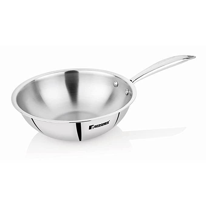 Bergner Argent Triply Stainless Steel Wok| 22 cm, 2.23 liters| High-Quality Tri-Ply Stainless Steel Wok | Lightweight, Safe & Healthy Cooking | Free Delivery