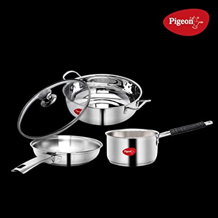 Pigeon Gift Set, Kadai with Glass Lid, Fry Pan and Sauce Pan