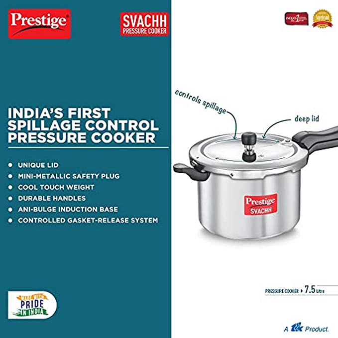 Prestige Svachh Aluminium Outer Lid Pressure Cooker, 7.5 L